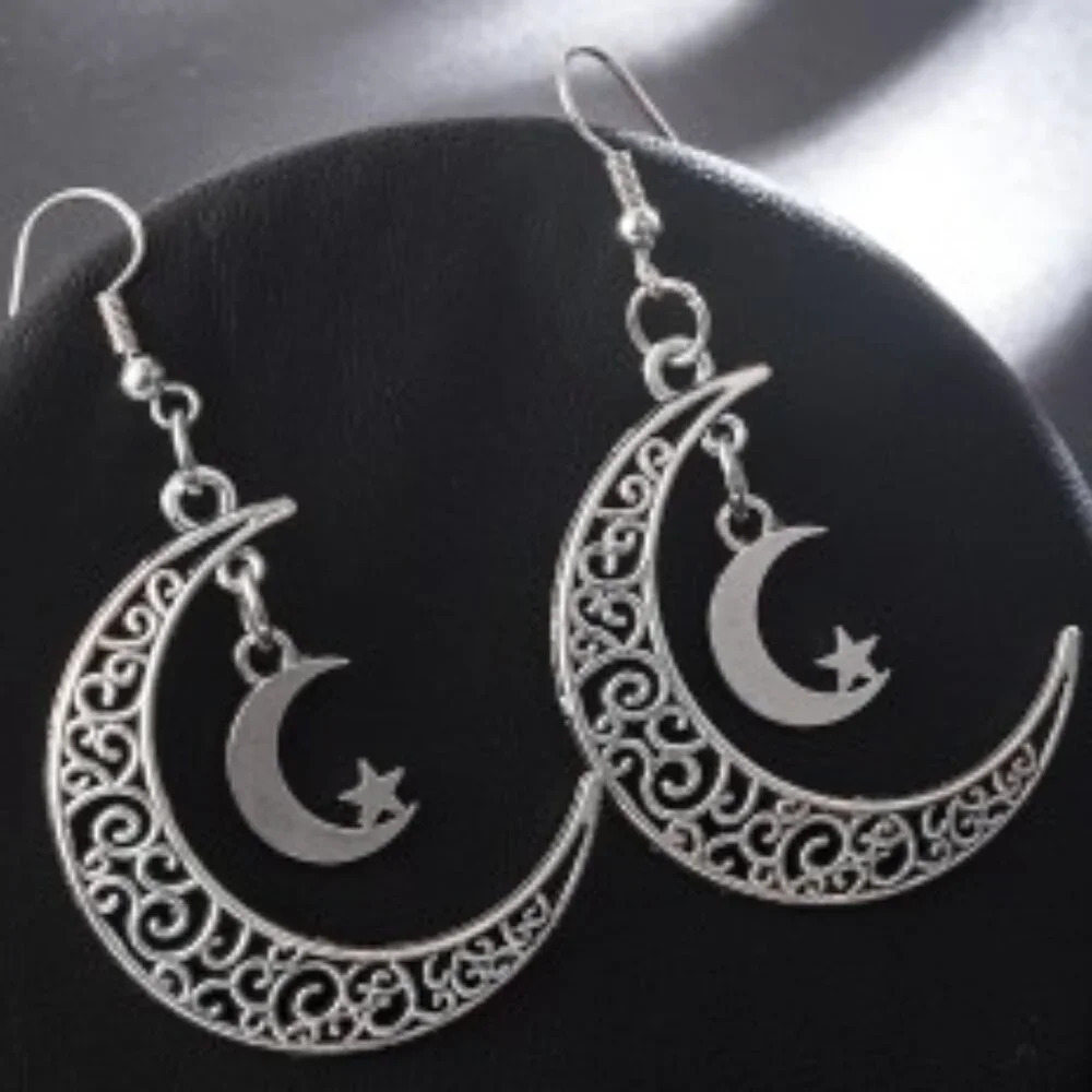 Star Moon Alloy Earrings - Silver-tone